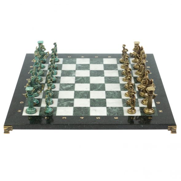 Шахматы &amp;quot;Римские войны&amp;quot; фигуры бронза / патина 44х44 см мрамор змеевик 128382