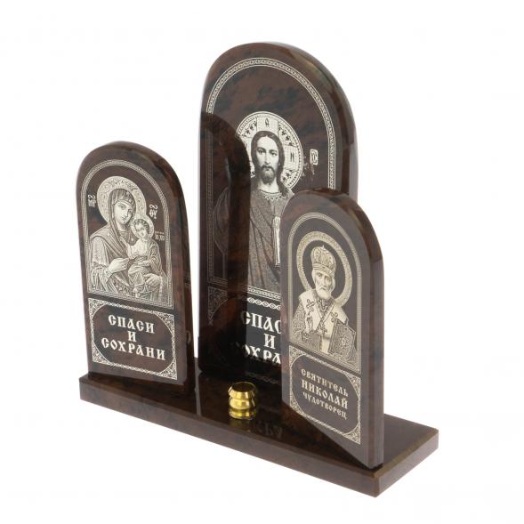 Икона настольная триптих большая &amp;quot;Спаси и сохрани&amp;quot; камень обсидиан 129485