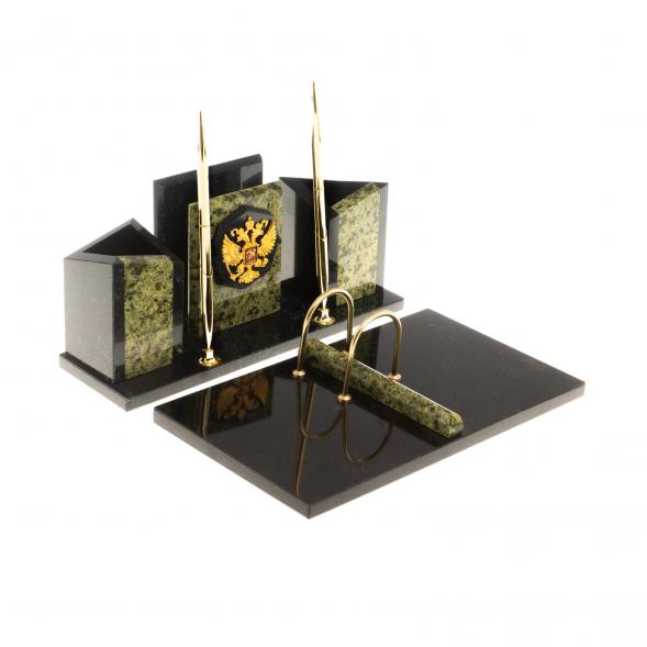 Письменный набор &amp;quot;Грани&amp;quot; с гербом России змеевик 124159