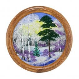 Панно каменное на тарелке из дерева "Зимний пейзаж" 40 см