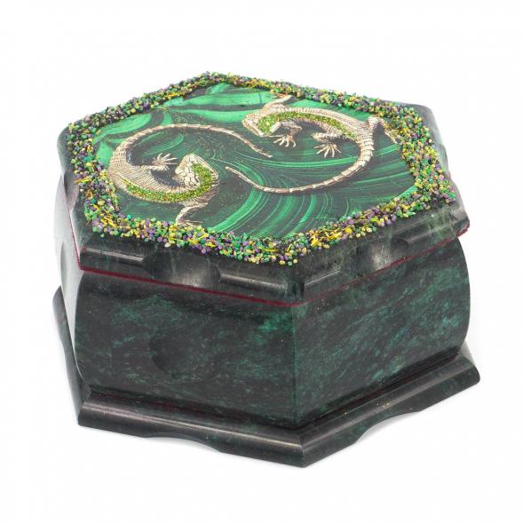 Шкатулка с иллюстрацией &amp;quot;Две ящерицы&amp;quot; камень змеевик 14х12,5х7 см 119723