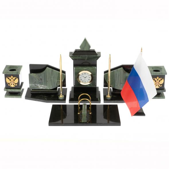 Настольный набор с гербом и флагом России камень офиокальцит 116985