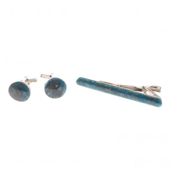 Набор запонки круглые и зажим для галстука камень голубой апатит 124480