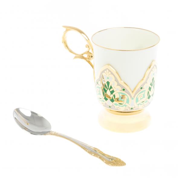 Чайный набор &amp;quot;Кубачинские узоры&amp;quot; с зеленой эмалью Златоуст 127676