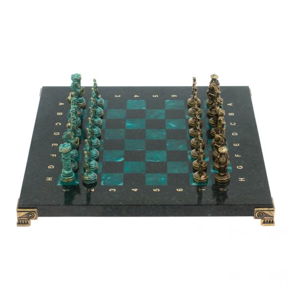 Шахматы &amp;quot;Рыцари&amp;quot; фигуры бронза / патина 28х28 см из змеевика 128219