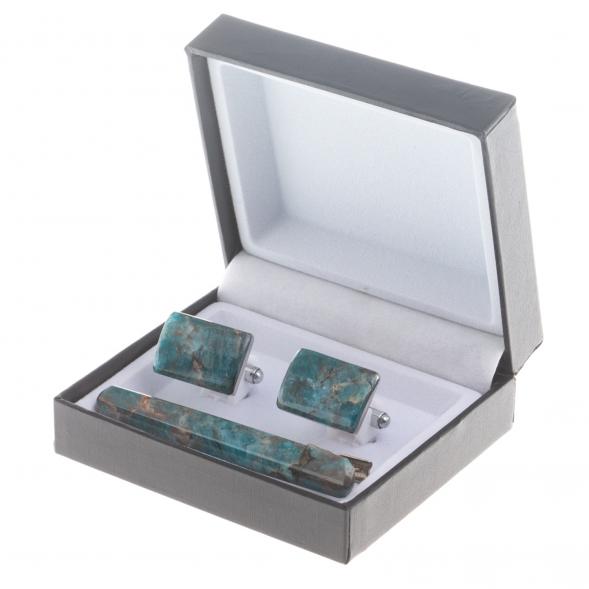 Набор запонки прямоугольные и зажим для галстука камень голубой апатит 124481