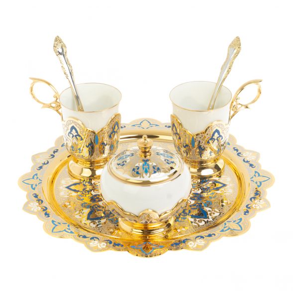 Чайный набор &amp;quot;Кубачинские узоры&amp;quot; с синей эмалью Златоуст 127677