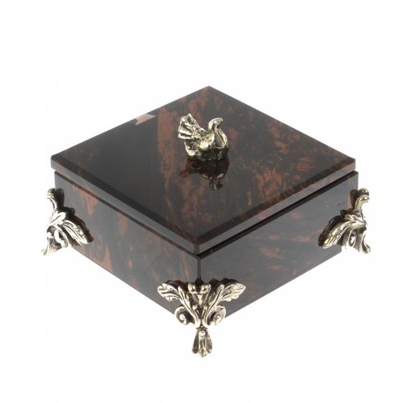 Шкатулка &amp;quot;Певчая птица&amp;quot; камень обсидиан коричневый 9х9х7,5 см 122969