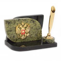 Настольная визитница из камня "Герб РФ" с подставкой под ручку змеевик