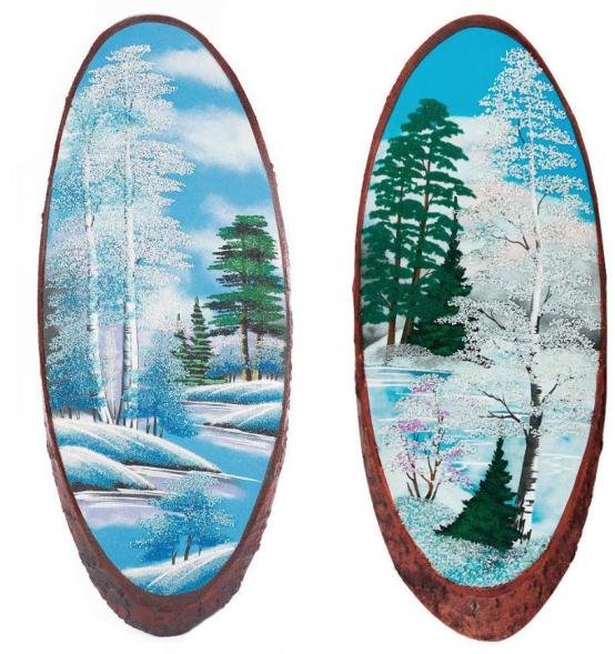 Панно на срезе дерева &amp;quot;Зима&amp;quot; вертикальное 75-80 см каменная крошка 120273