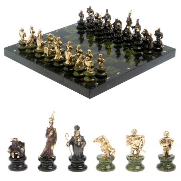 Шахматы из бронзы и змеевика &amp;quot;Европейские&amp;quot; доска 40х40 см 127916