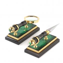 Канцелярский набор лупа и нож "Малахит" в подарочной коробке Златоуст