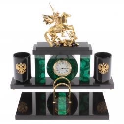 Письменный набор с часами "Георгий Победоносец" из малахита