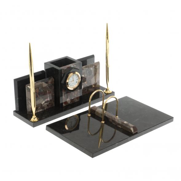 Настольный набор &amp;quot;Офисный&amp;quot; с часами из камня конгломерат 127523
