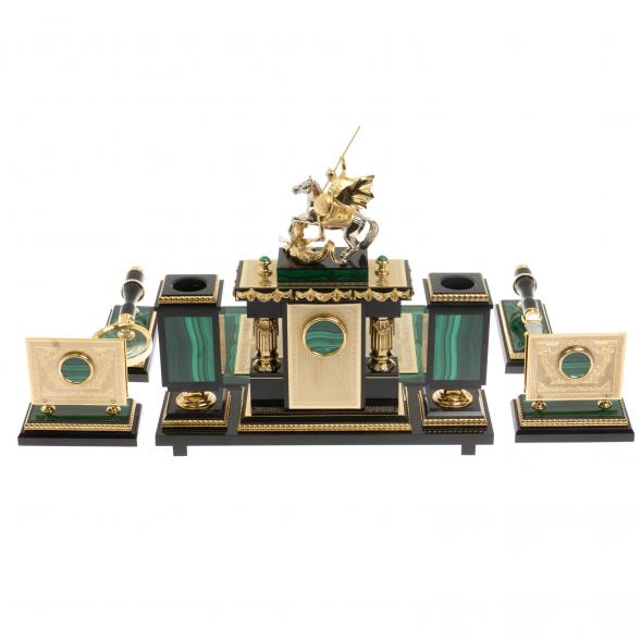 Письменный набор &amp;quot;Георгий Победоносец&amp;quot; из малахита Златоуст 129488