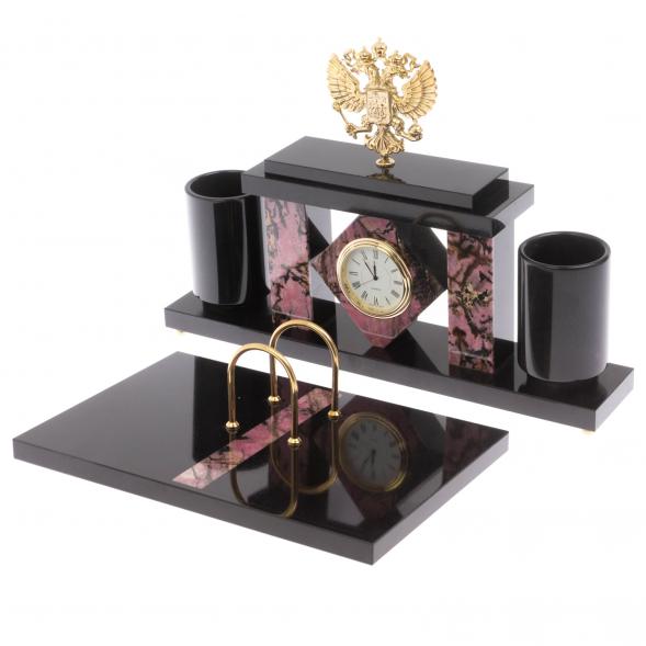 Письменный набор с часами &amp;quot;Герб РФ&amp;quot; из родонита 129566