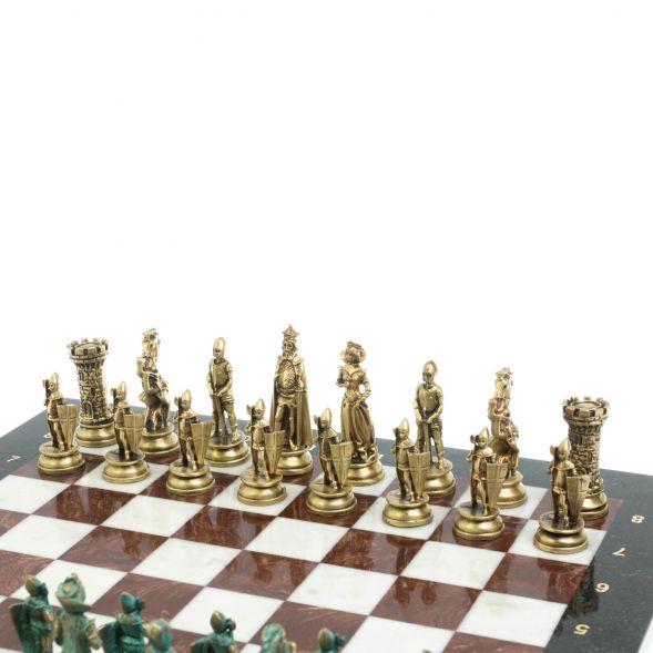 Шахматы &amp;quot;Средневековые рыцари&amp;quot; фигуры бронза / патина 44х44 см мрамор лемезит 128392