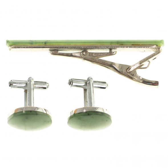 Набор запонки круглые и зажим для галстука нефрит 124081