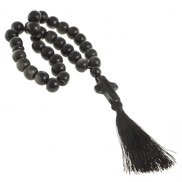 Четки с крестом из черного обсидиана с иризацией 33 бусины круглые 122981