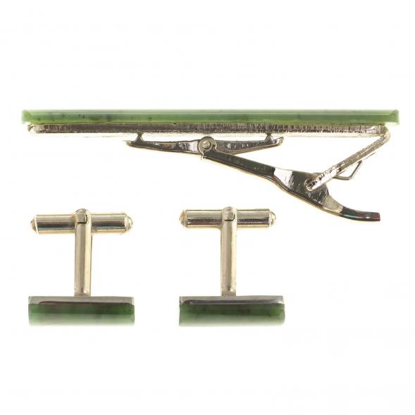 Набор запонки прямоугольные и зажим для галстука нефрит 124083