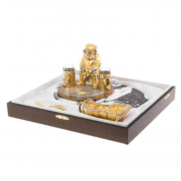 Икорница со стопками &amp;quot;Рыбак с санями&amp;quot; камень агат, мрамор Златоуст 126520