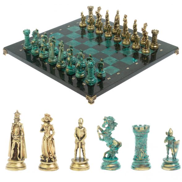 Шахматы &amp;quot;Средневековые рыцари&amp;quot; фигуры бронза / патина 44х44 см змеевик 128395