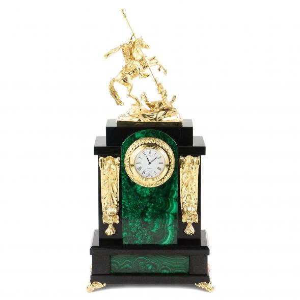 Каминные часы из малахита &amp;quot;Георгий Победоносец&amp;quot; с бронзовым литьем 120188