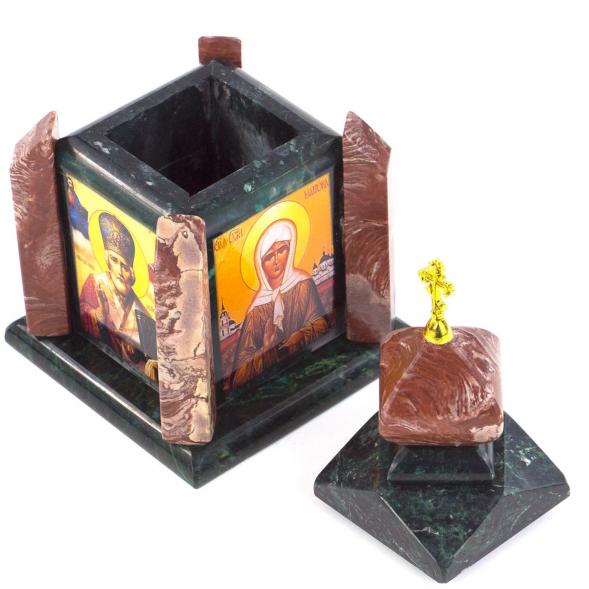 Шкатулка &amp;quot;Часовня&amp;quot; малая из лемезита и змеевика 11х11х20 см 120937