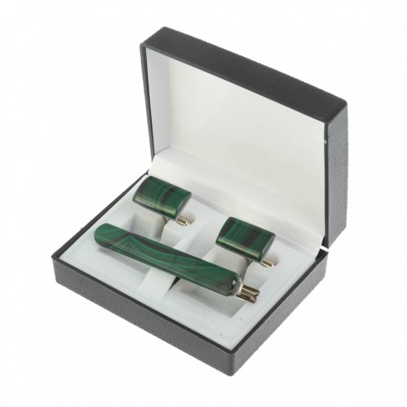 Набор запонки прямоугольные малые и зажим для галстука малахит 128842