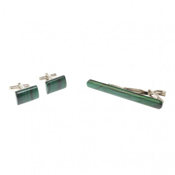 Набор запонки прямоугольные малые и зажим для галстука малахит 128842