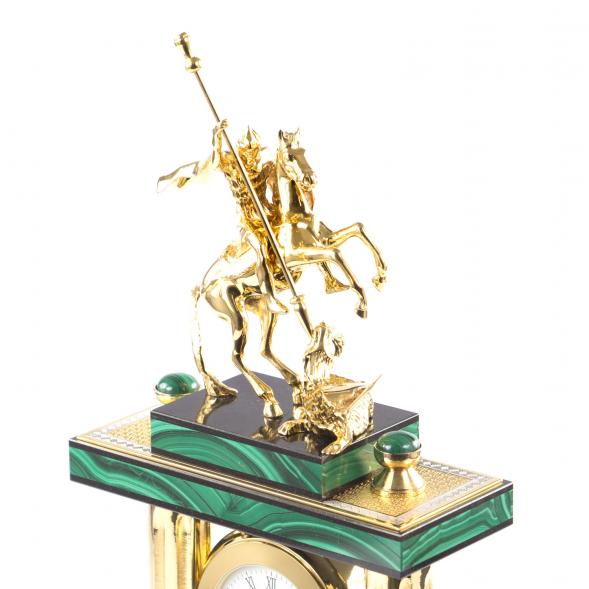 Каминные часы &amp;quot;Святой Георгий&amp;quot; из малахита и бронзы Златоуст 113597