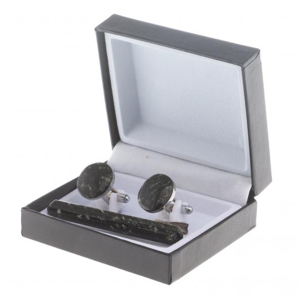 Набор запонки круглые и зажим для галстука камень мусковит 124496