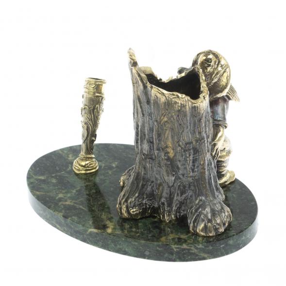 Карандашница &amp;quot;Гном у пня&amp;quot; бронза змеевик 14,5х9,5х10 см 129065