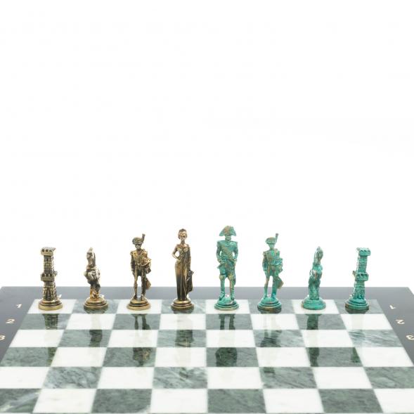 Шахматы &amp;quot;Отечественная война 1812 г. &amp;quot; фигуры бронза / патина 40х40 см мрамор змеевик 128400