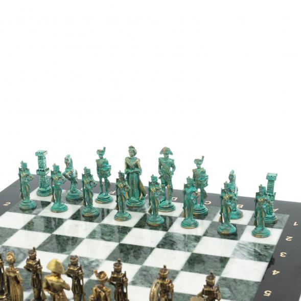 Шахматы &amp;quot;Отечественная война 1812 г. &amp;quot; фигуры бронза / патина 40х40 см мрамор змеевик 128400