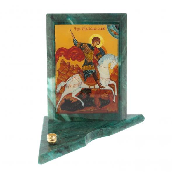 Икона с подсвечником Георгий Победоносец средняя из змеевика 12х12х13 см 118927