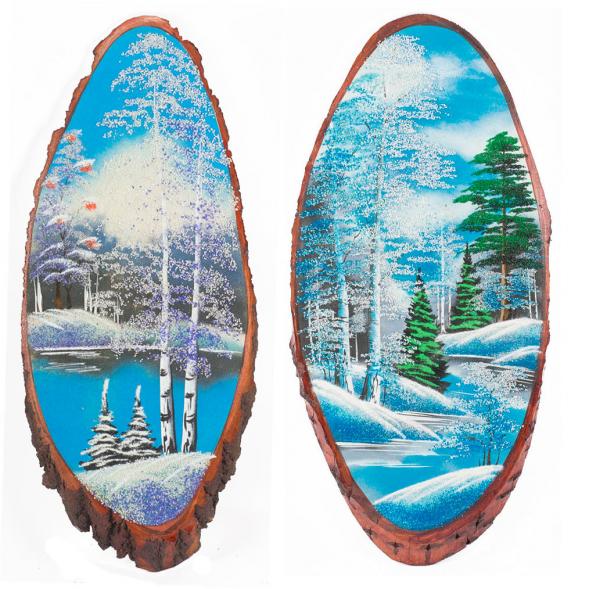 Панно на срезе дерева &amp;quot;Зима&amp;quot; вертикальное 80-85 см каменная крошка 111073