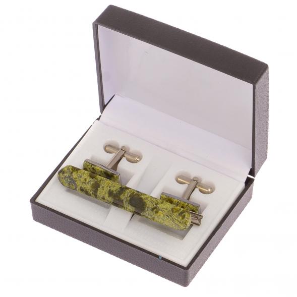Набор запонки прямоугольные и зажим для галстука камень змеевик 125698