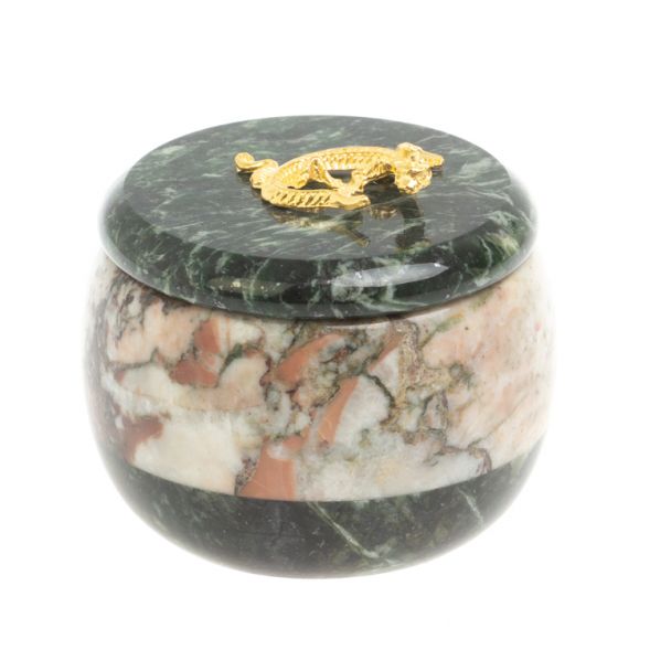 Шкатулка круглая из креноида и шабровского змеевика 7х7х6 см 127696