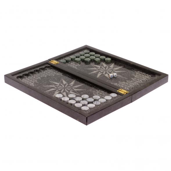 Шахматный набор 3 в 1 серый мрамор, змеевик с гравировкой 126140