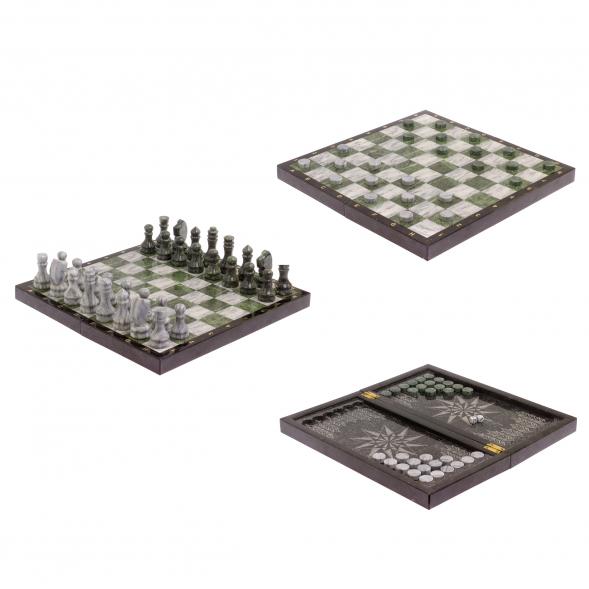 Шахматный набор 3 в 1 серый мрамор, змеевик с гравировкой 126140