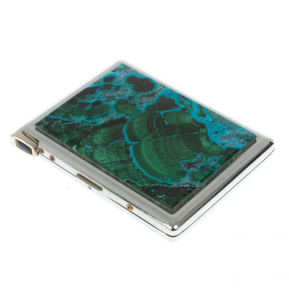 Портсигар 10 сигарет с зажигалкой камень малахит с хризоколлой 128700