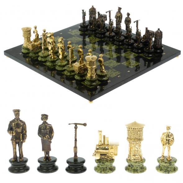 Шахматы подарочные &amp;quot;Железнодорожники&amp;quot; из бронзы и змеевика 48х48 см 116656