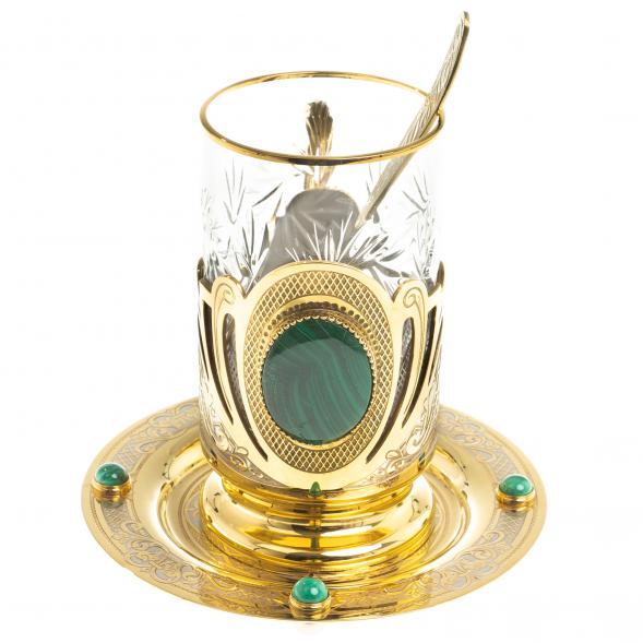 Чайная пара &amp;quot;Малахитовая&amp;quot; тарелка и подстаканник с ложкой Златоуст 113846