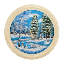 Панно каменное на тарелке из дерева "Зимний пейзаж" 40 см