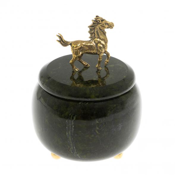 Шкатулка круглая &amp;quot;Лошадка&amp;quot; бронза змеевик 8х8х8,5 см 123577