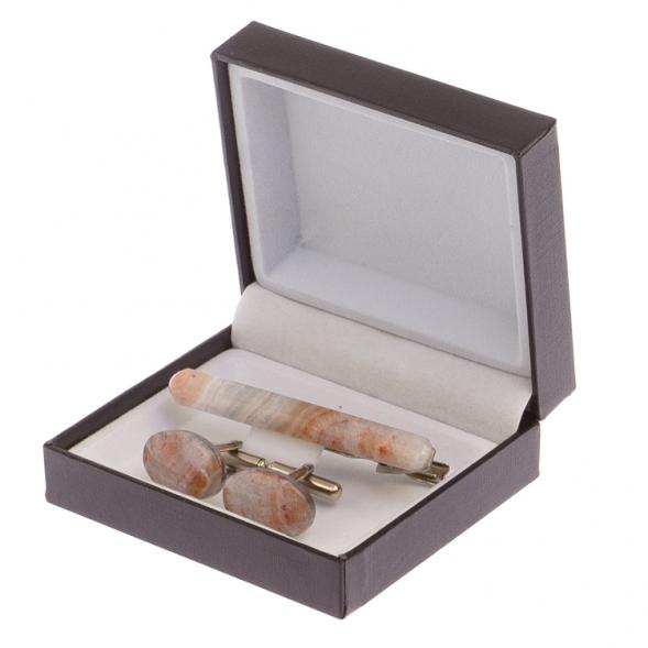 Набор запонки овальные и зажим для галстука камень агат 125245