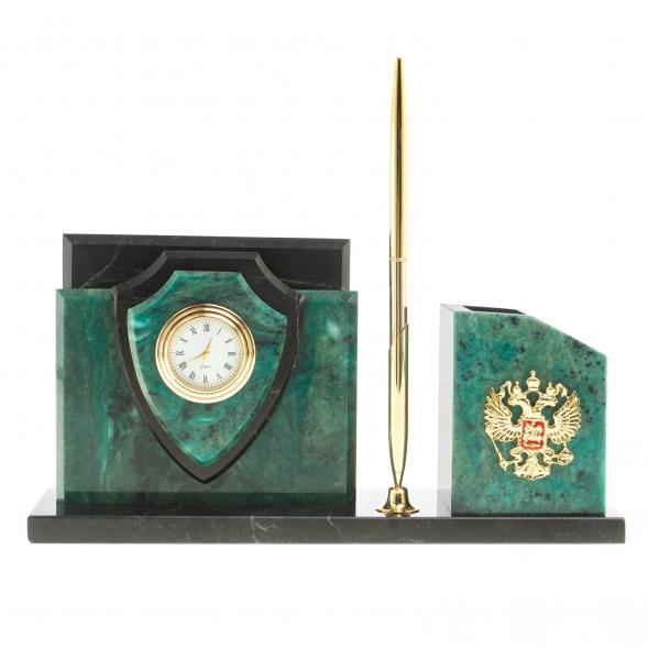 Настольная визитница &amp;quot;Щит&amp;quot; из темно-зеленого змеевика 123660