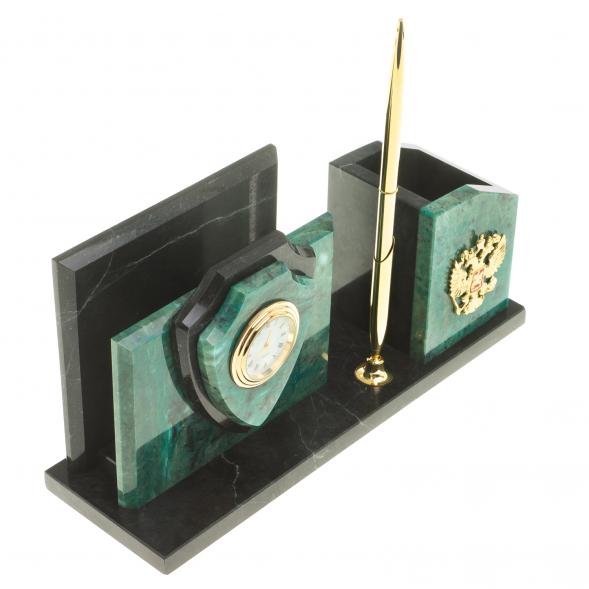 Настольная визитница &amp;quot;Щит&amp;quot; из темно-зеленого змеевика 123660