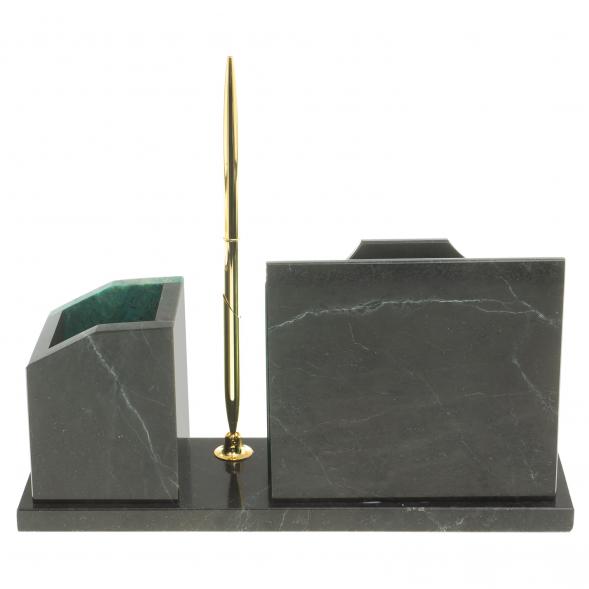 Настольная визитница &amp;quot;Щит&amp;quot; из темно-зеленого змеевика 123660